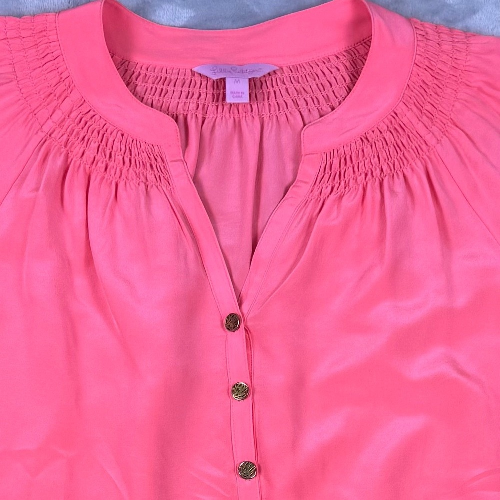 Lilly Pulitzer Elsa‎ Silk Blouse Hot Coral Smocked V-Neck Long Sleeve Top S
